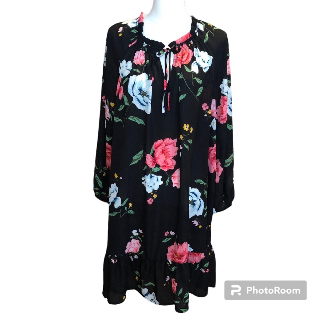 Old Navy Long Sleeve Floral Midi Dress Black Sheer Ruffle Womens Size XL.
